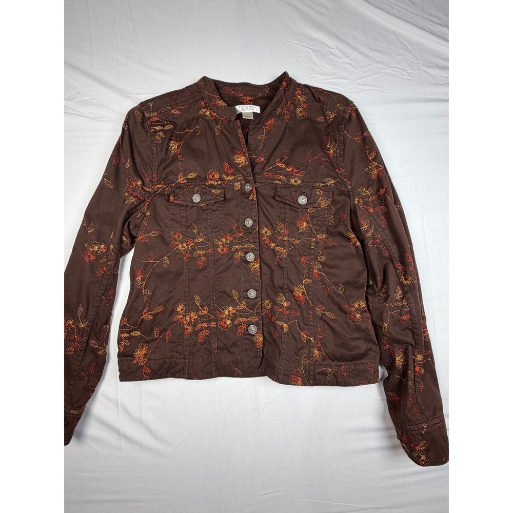 Christopher & Banks Brown Floral Embroidered Twill Jacket Medium Mandarin Collar
